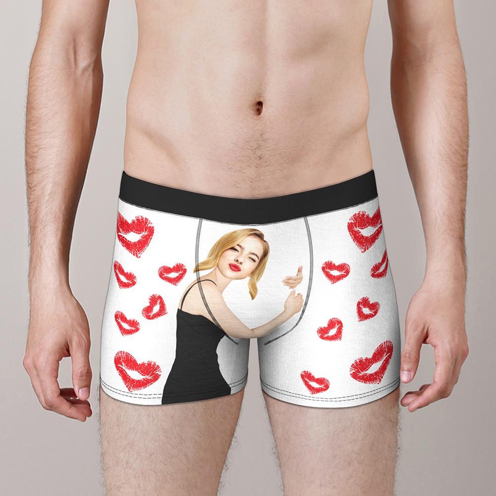 Custom Face Boxers Girlfriend Hug with Heart Lip Print Gifts For Him Wedding Gift	 - FaceSocksUSA
