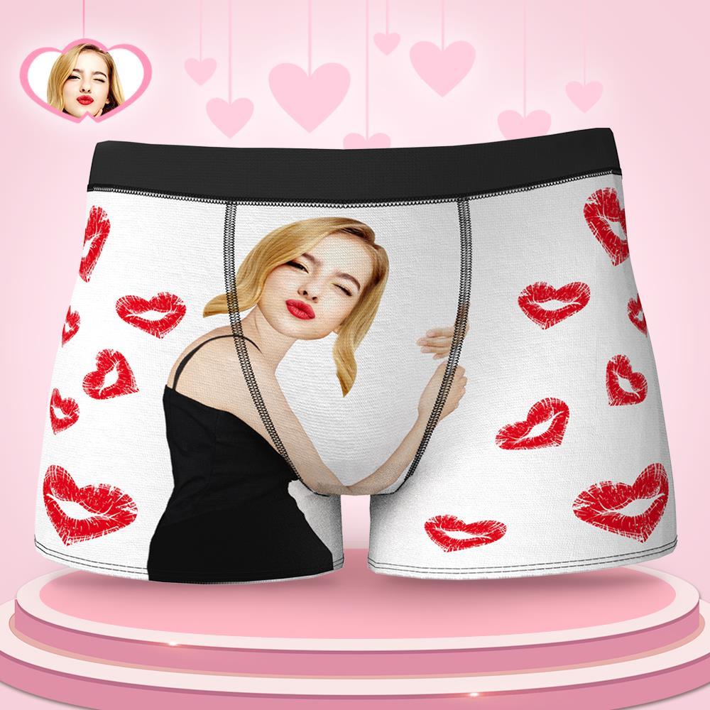 Custom Face Boxers Girlfriend Hug with Heart Lip Print Gifts For Him Wedding Gift	 - FaceSocksUSA