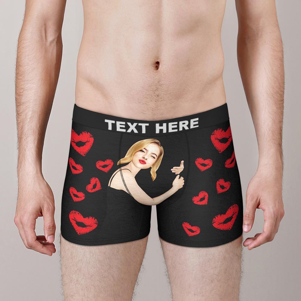 Custom Face Boxers Girlfriend Hug with Heart Lip Print Gifts For Him Wedding Gift	 - FaceSocksUSA