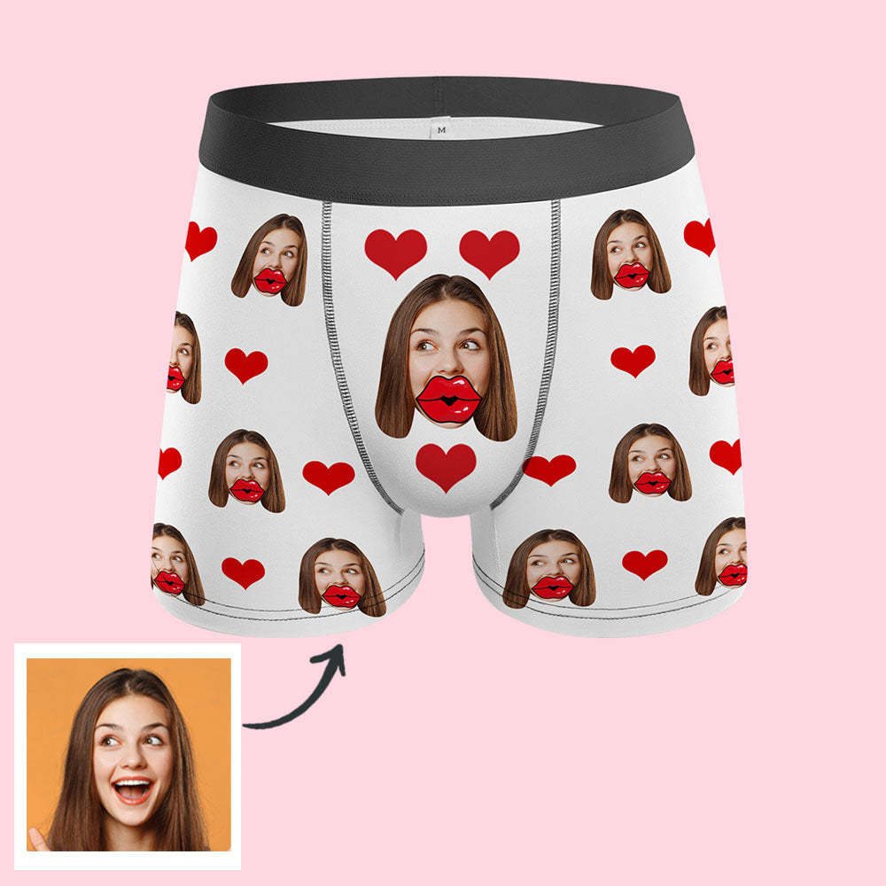 Custom Face Red Lips and Heart Boxer Personalized Valentine's Day Gift For Him - FaceSocksUSA