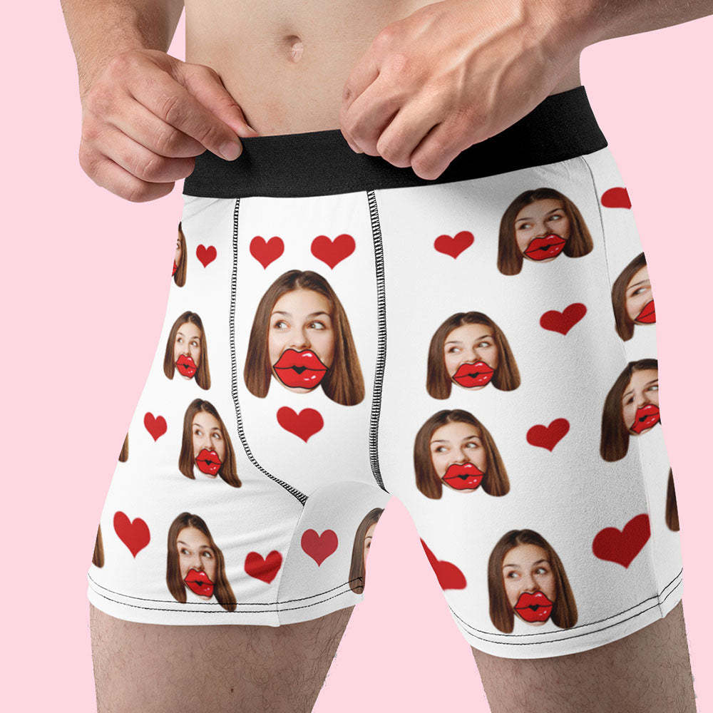 Custom Face Red Lips and Heart Boxer Personalized Valentine's Day Gift For Him - FaceSocksUSA