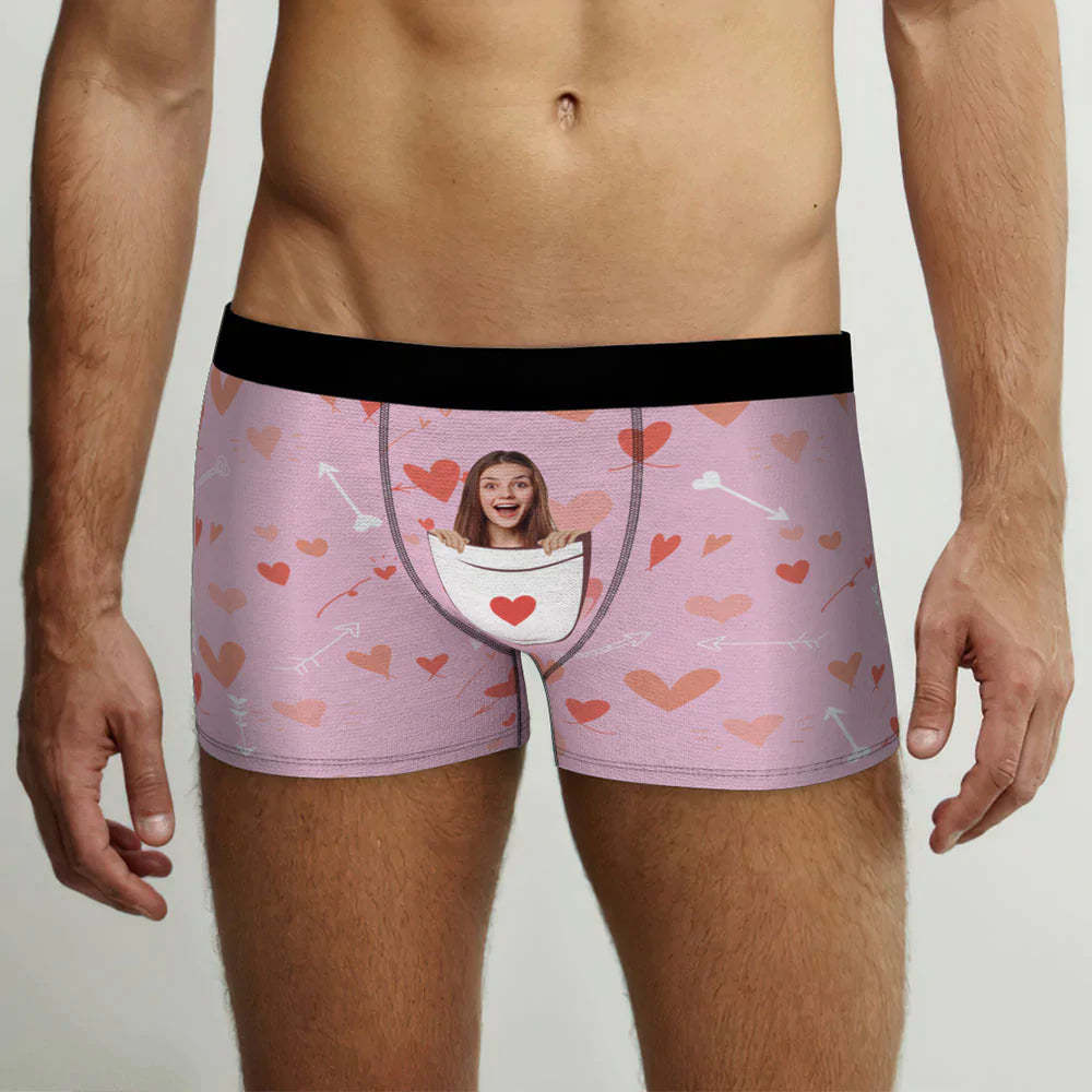 Custom Face Boxer Briefs Personalized Pink Underwear Heart Pattern	 - FaceSocksUSA