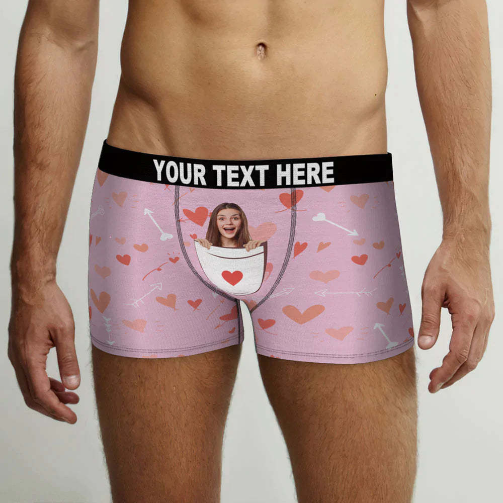 Custom Face Boxer Briefs Personalized Pink Underwear Heart Pattern	 - FaceSocksUSA
