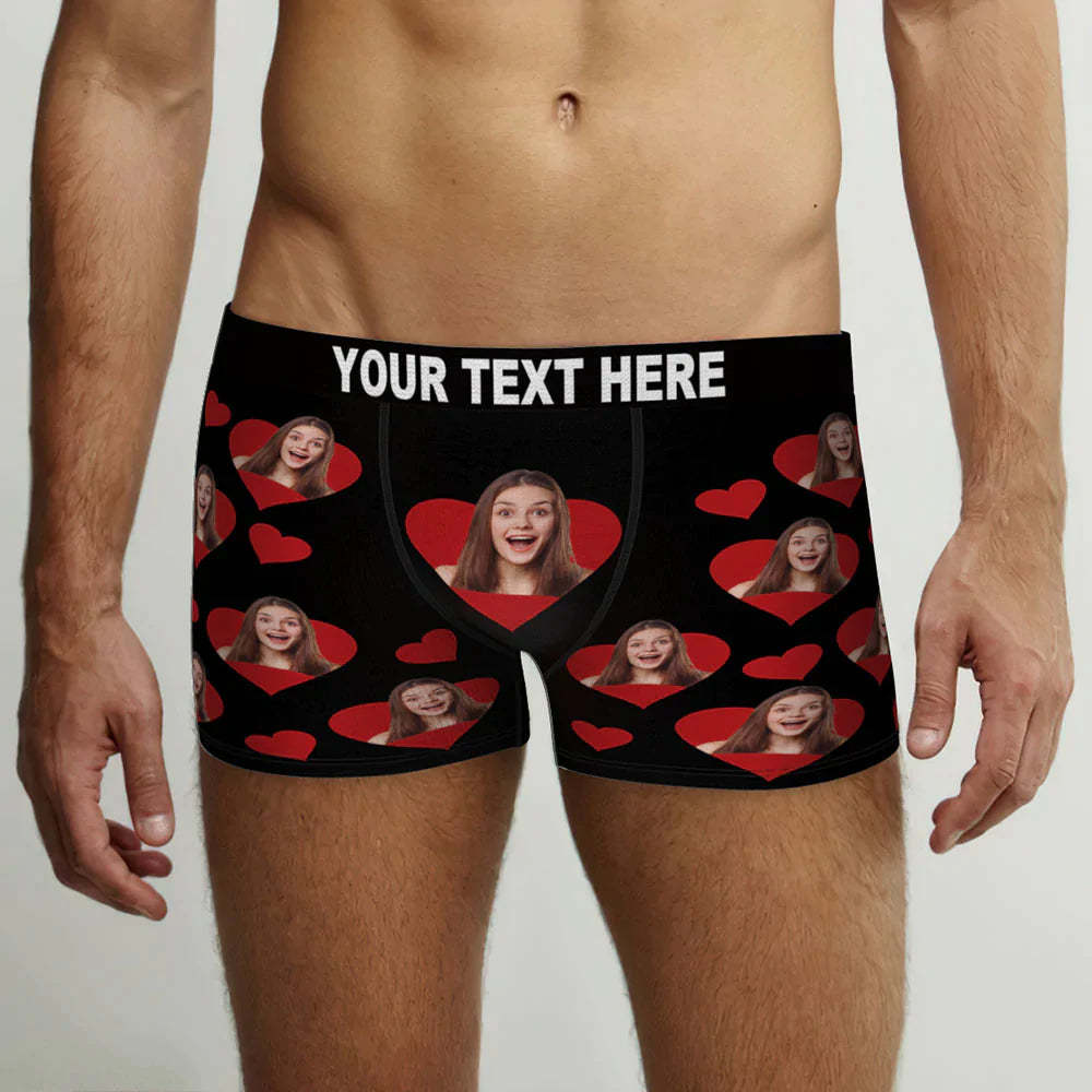 Custom Face Boxer Briefs Personalized Photo Underwear Red Heart for Men	 - FaceSocksUSA