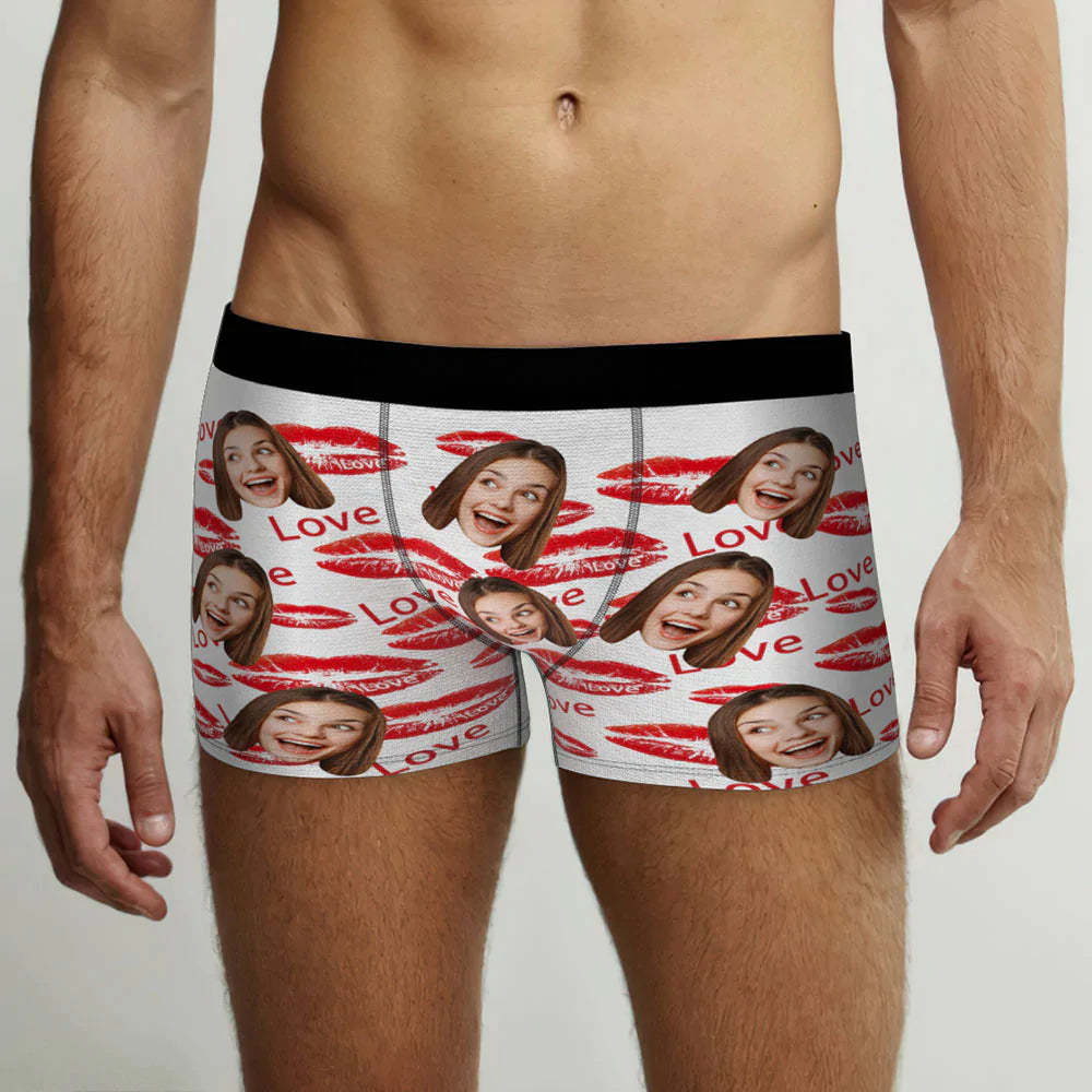 Custom Face Boxer Briefs Personalized Photo Underwear for Men Red Lips Love	 - FaceSocksUSA