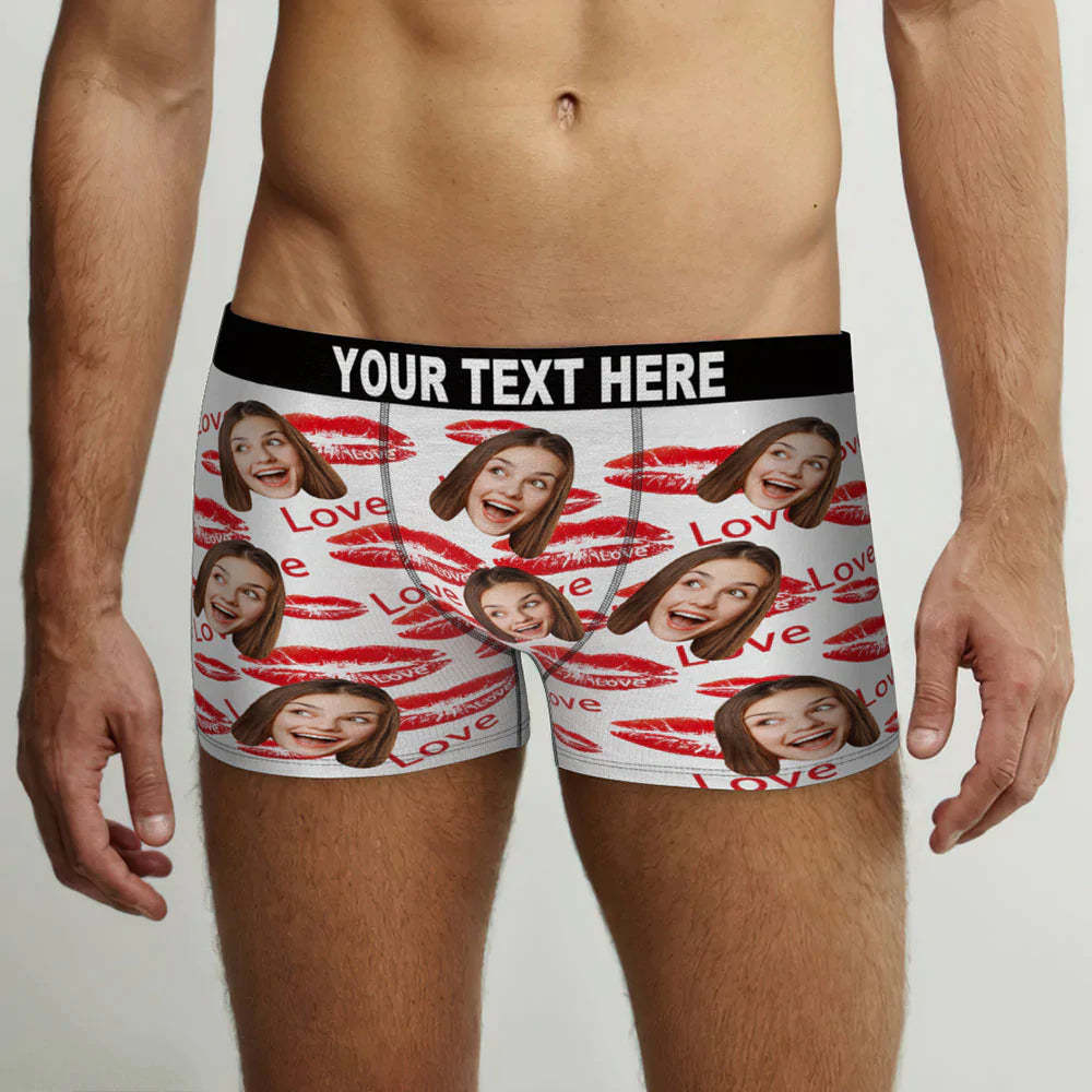 Custom Face Boxer Briefs Personalized Photo Underwear for Men Red Lips Love	 - FaceSocksUSA