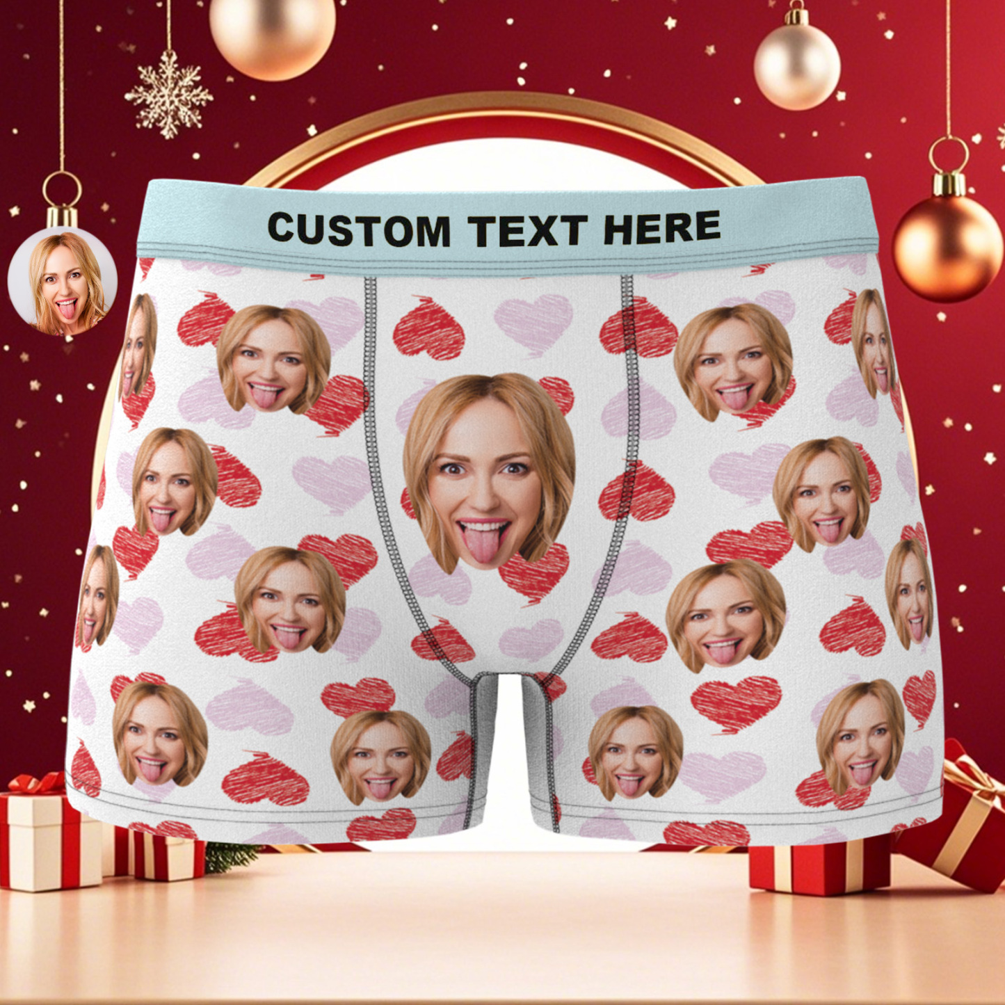 Custom Face Boxer Shorts Colorful Waistband Boxer Briefs Red and Pink Hearts Gifts For Him