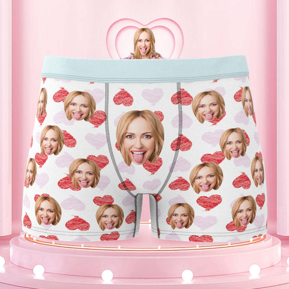 Custom Face Boxer Shorts Colorful Waistband Boxer Briefs Red and Pink Hearts Gifts For Him