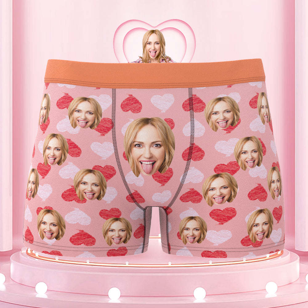 Custom Face Boxer Shorts Colorful Waistband Boxer Briefs Red and Pink Hearts Gifts For Him