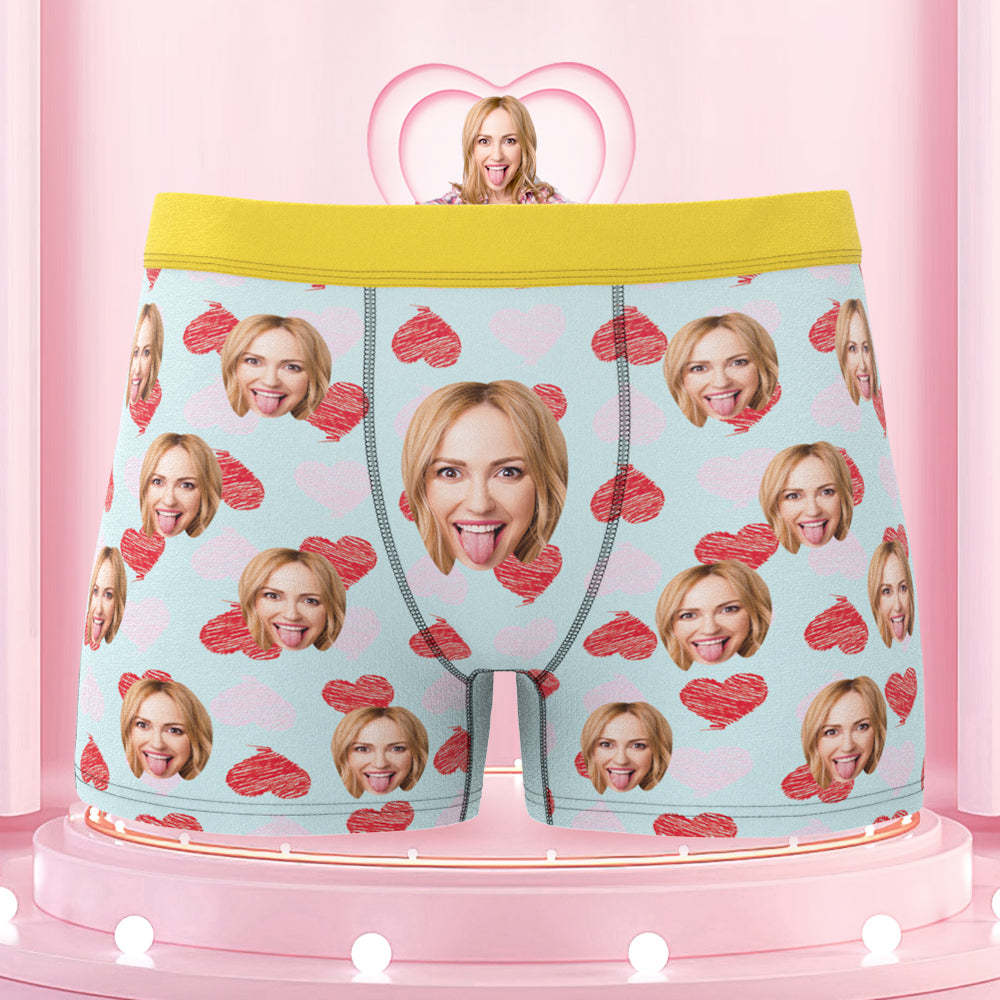 Custom Face Boxer Shorts Colorful Waistband Boxer Briefs Red and Pink Hearts Gifts For Him
