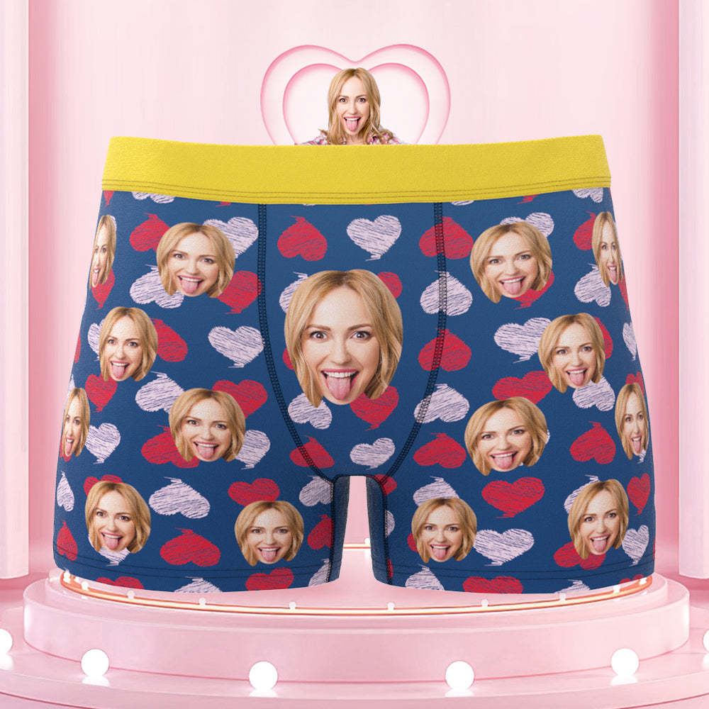 Custom Face Boxer Shorts Colorful Waistband Boxer Briefs Red and Pink Hearts Gifts For Him