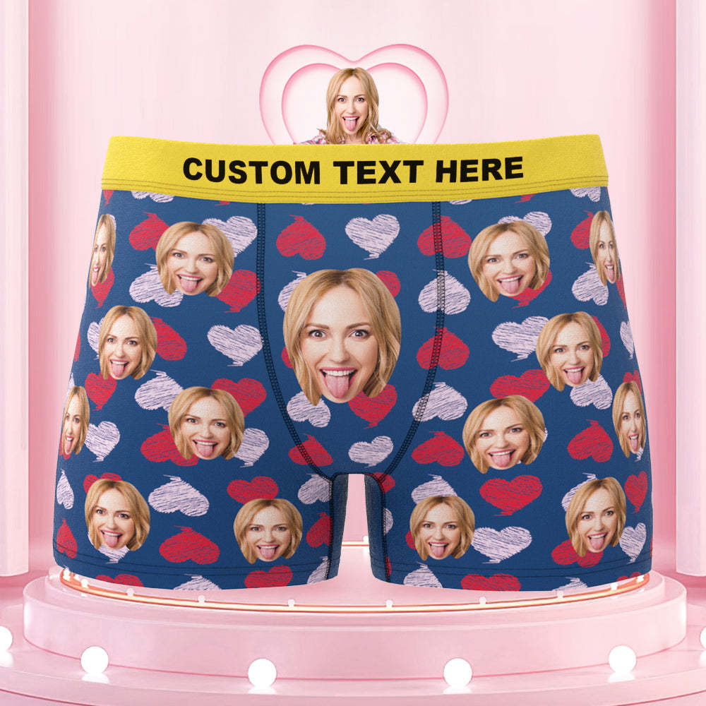 Custom Face Boxer Shorts Colorful Waistband Boxer Briefs Red and Pink Hearts Gifts For Him