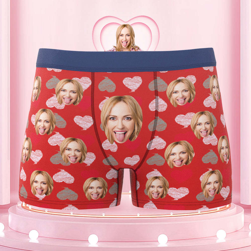 Custom Face Boxer Shorts Colorful Waistband Boxer Briefs Red and Pink Hearts Gifts For Him
