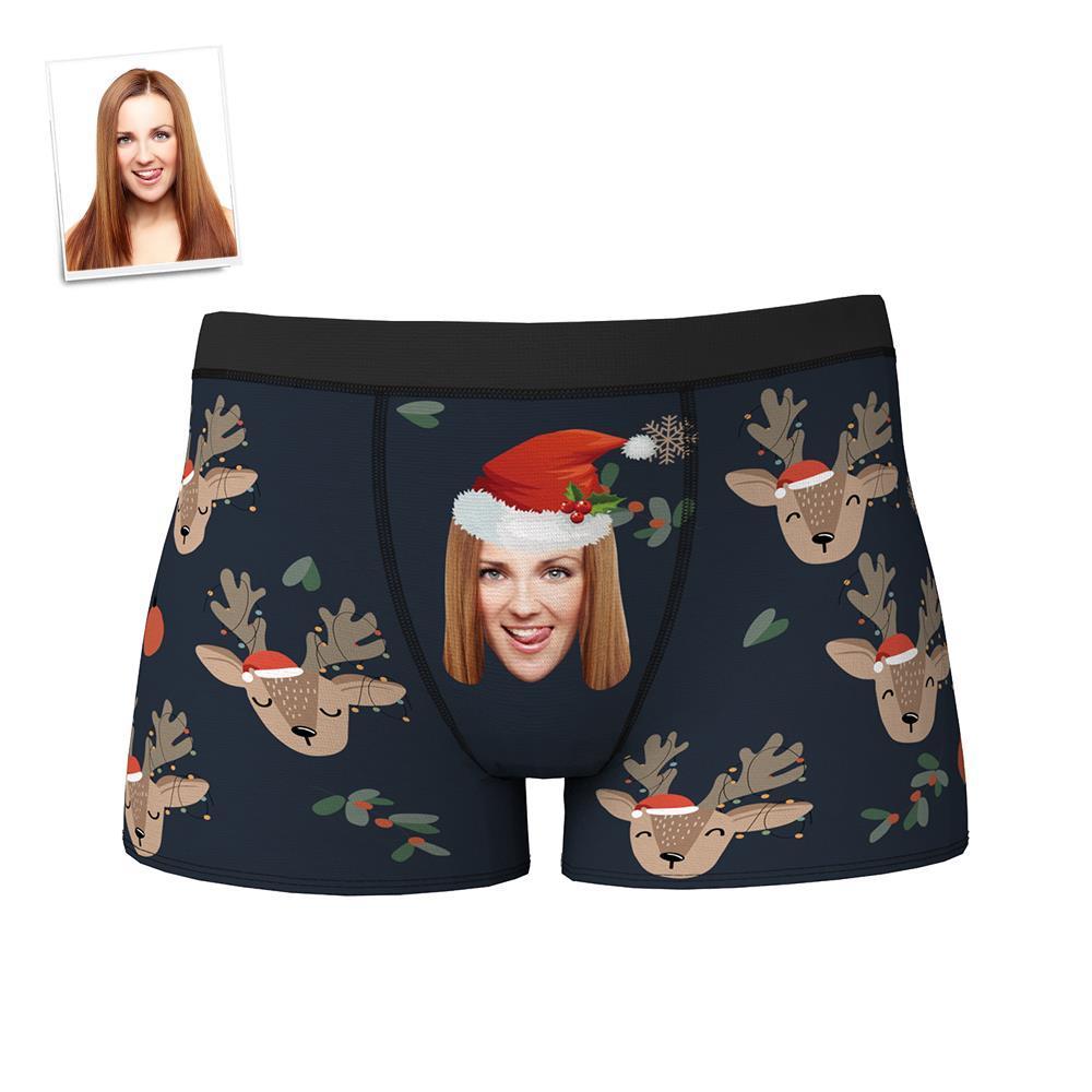 Custom Face Boxer Shorts Personalized Photo Boxer Shorts with Name Christmas Gift - Cute Elk - FaceSocksUSA