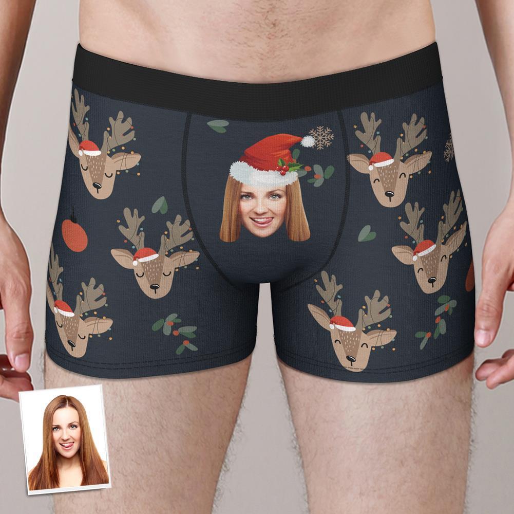 Custom Face Boxer Shorts Personalized Photo Boxer Shorts with Name Christmas Gift - Cute Elk - FaceSocksUSA
