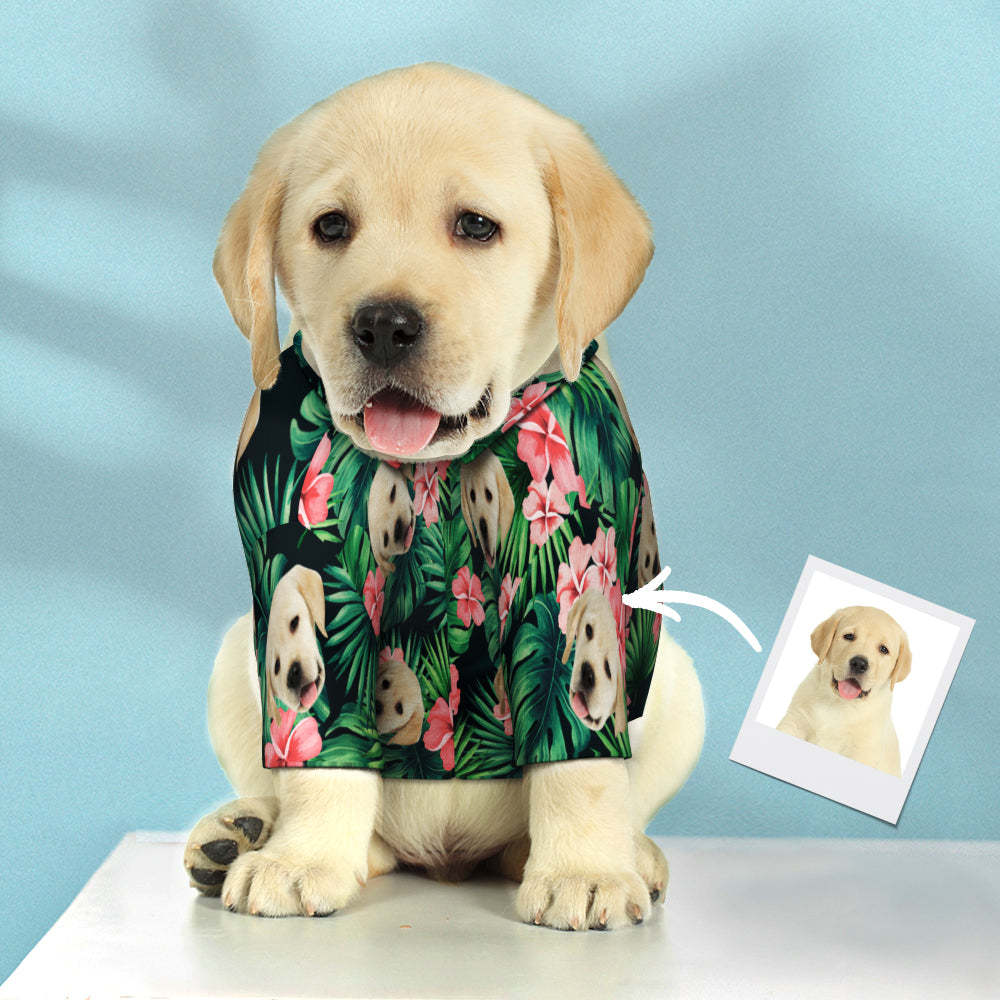 Custom Face Hawaiian Dog Shirt Personalized Dark Green Pet Beach Flowers Shirt Clothes Gift for Pets	 - FaceSocksUSA