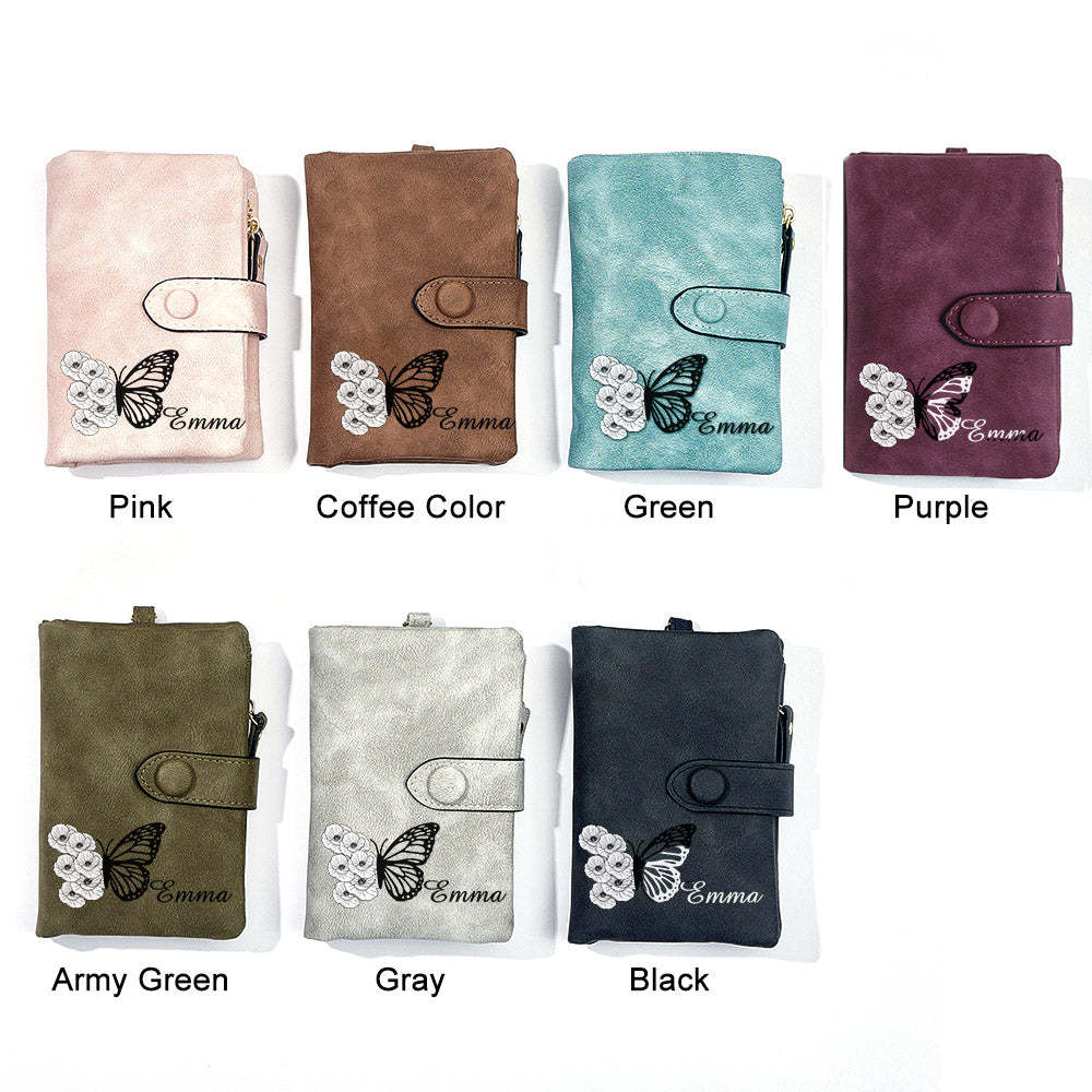 Custom Tri-Fold Butterfly Birth Flower Leather Wallet with Coin Holder Personalized Mother's Day Gift for Woman	 - FaceSocksUSA