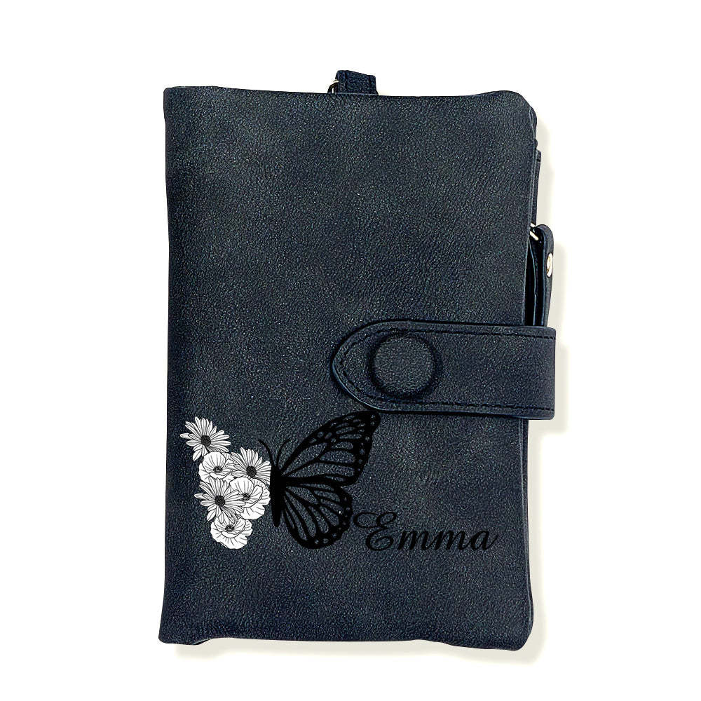 Custom Tri-Fold Butterfly Birth Flower Leather Wallet with Coin Holder Personalized Mother's Day Gift for Woman	 - FaceSocksUSA