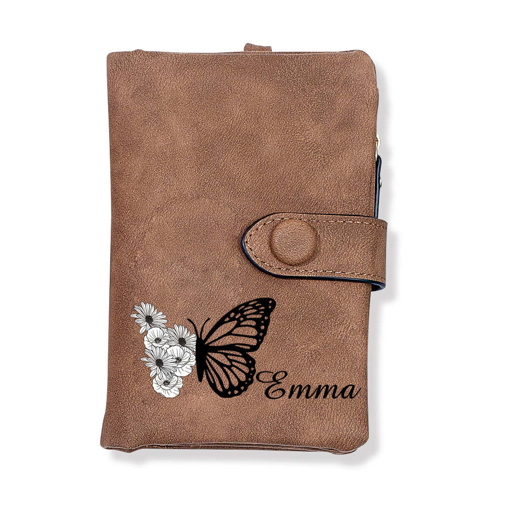 Custom Tri-Fold Butterfly Birth Flower Leather Wallet with Coin Holder Personalized Mother's Day Gift for Woman	 - FaceSocksUSA