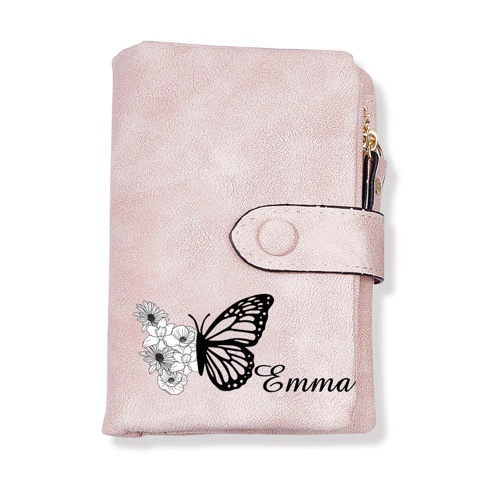 Custom Tri-Fold Butterfly Birth Flower Leather Wallet with Coin Holder Personalized Mother's Day Gift for Woman	 - FaceSocksUSA