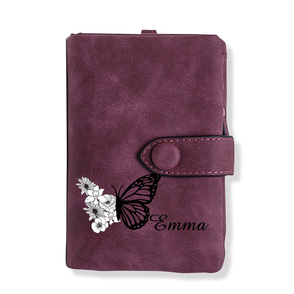 Custom Tri-Fold Butterfly Birth Flower Leather Wallet with Coin Holder Personalized Mother's Day Gift for Woman	 - FaceSocksUSA