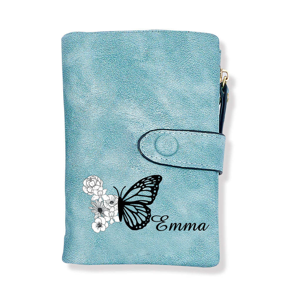 Custom Tri-Fold Butterfly Birth Flower Leather Wallet with Coin Holder Personalized Mother's Day Gift for Woman	 - FaceSocksUSA