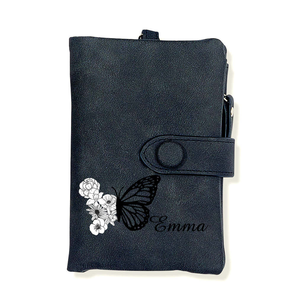 Custom Tri-Fold Butterfly Birth Flower Leather Wallet with Coin Holder Personalized Mother's Day Gift for Woman	 - FaceSocksUSA