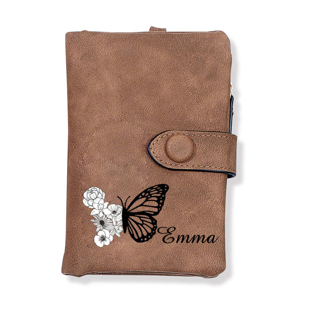 Custom Tri-Fold Butterfly Birth Flower Leather Wallet with Coin Holder Personalized Mother's Day Gift for Woman	 - FaceSocksUSA