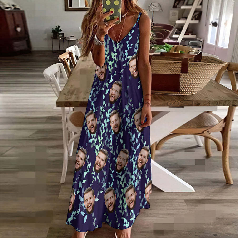 Custom Face Sling Long Dress Leaves - FaceSocksUSA