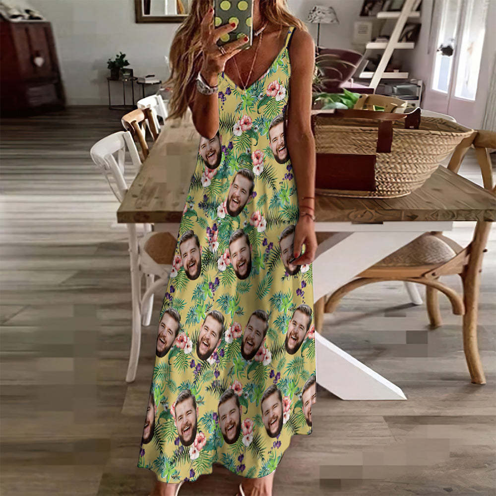 Custom Face Sling Long Dress Flowers	 - FaceSocksUSA