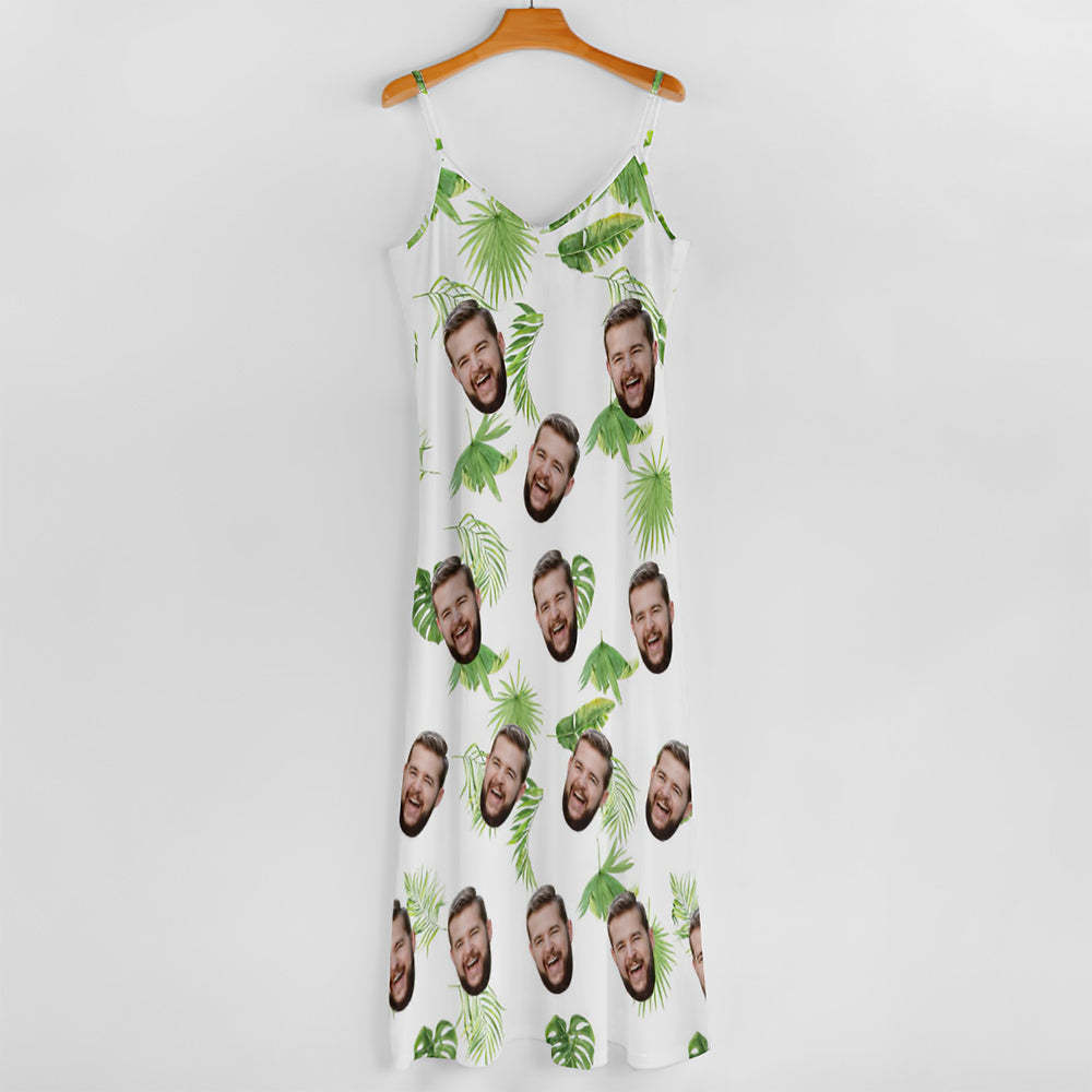 Custom Face Sling Hawaiian Style Long Dress Fresh Palm Leaves - FaceSocksUSA