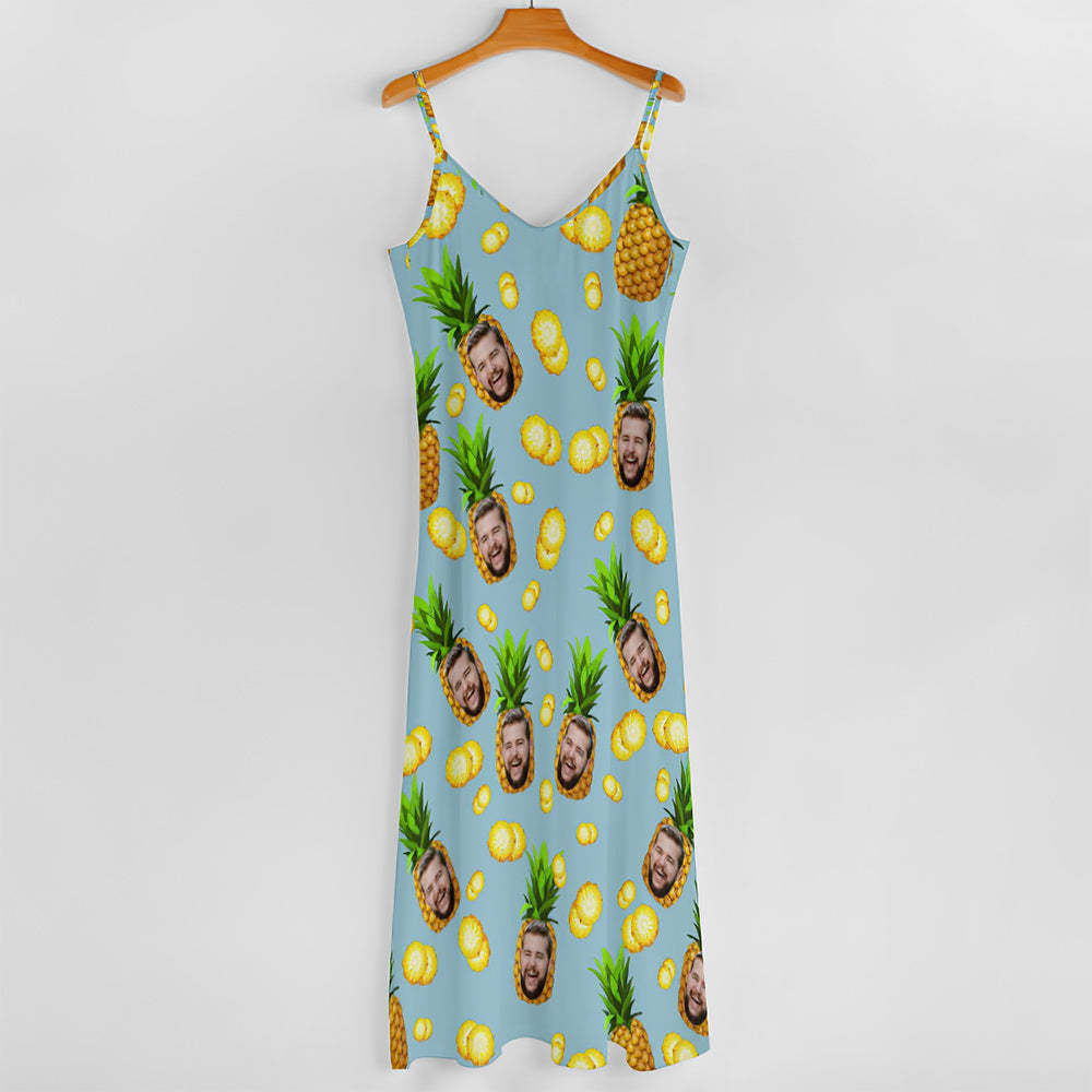 Custom Face Hawaiian Style Big Pineapple Long Dress And Shirt Family Matching - FaceSocksUSA