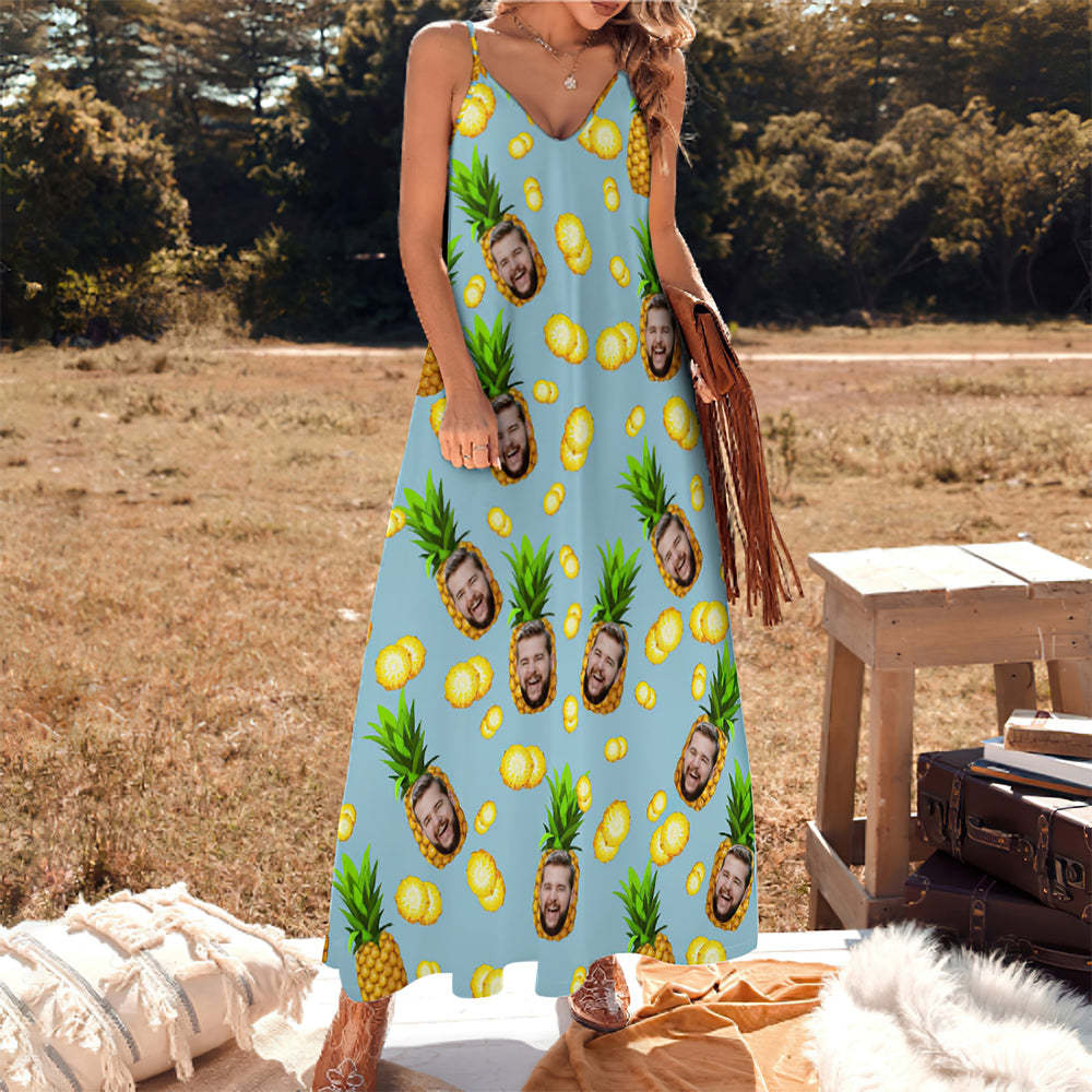 Custom Face Hawaiian Style Big Pineapple Long Dress And Shirt Family Matching - FaceSocksUSA