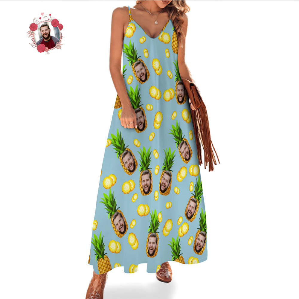 Custom Face Hawaiian Style Big Pineapple Long Dress And Shirt Family Matching - FaceSocksUSA
