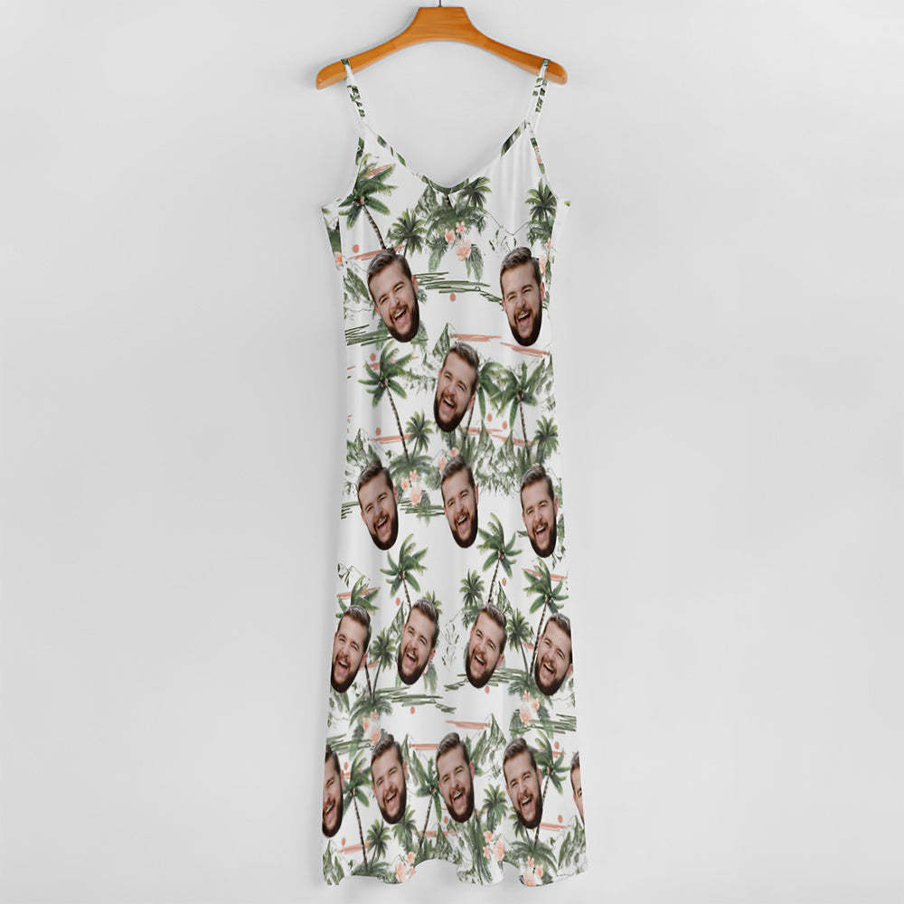 Custom Face Hawaiian Style Coconut Tree Long Dress And Shirt Couple Outfit - FaceSocksUSA