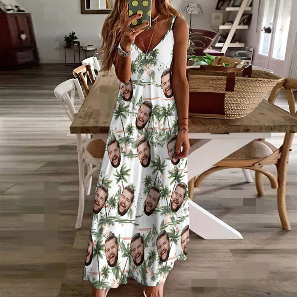 Custom Face Hawaiian Style Coconut Tree Long Dress And Shirt Couple Outfit - FaceSocksUSA