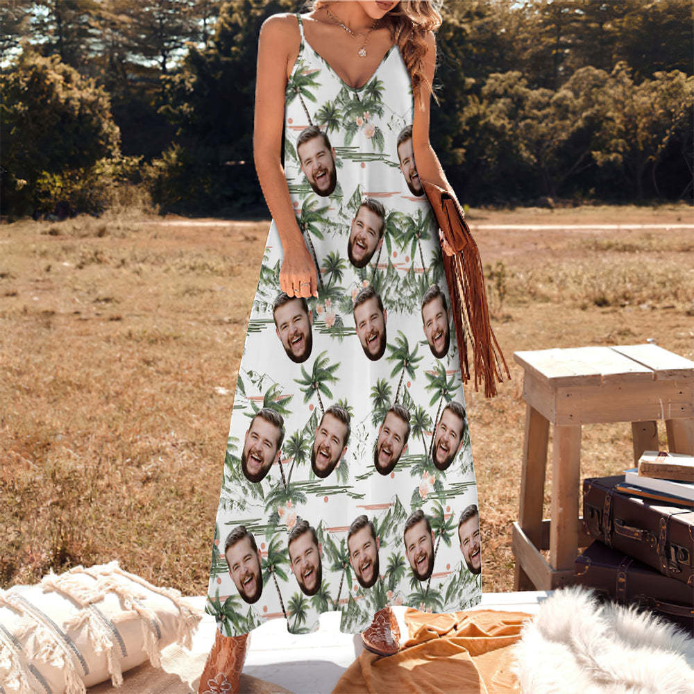 Custom Face Hawaiian Style Coconut Tree Long Dress And Shirt Couple Outfit - FaceSocksUSA