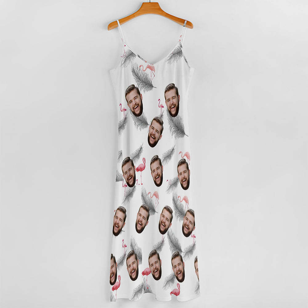 Custom Face Hawaiian Style Feather And Flamingo Long Dress And Shirt Couple Outfit - FaceSocksUSA