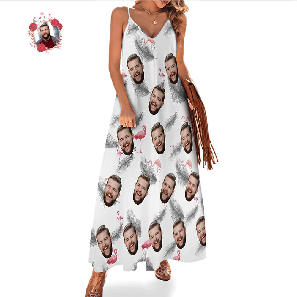 Custom Face Hawaiian Style Feather And Flamingo Long Dress And Shirt Couple Outfit - FaceSocksUSA
