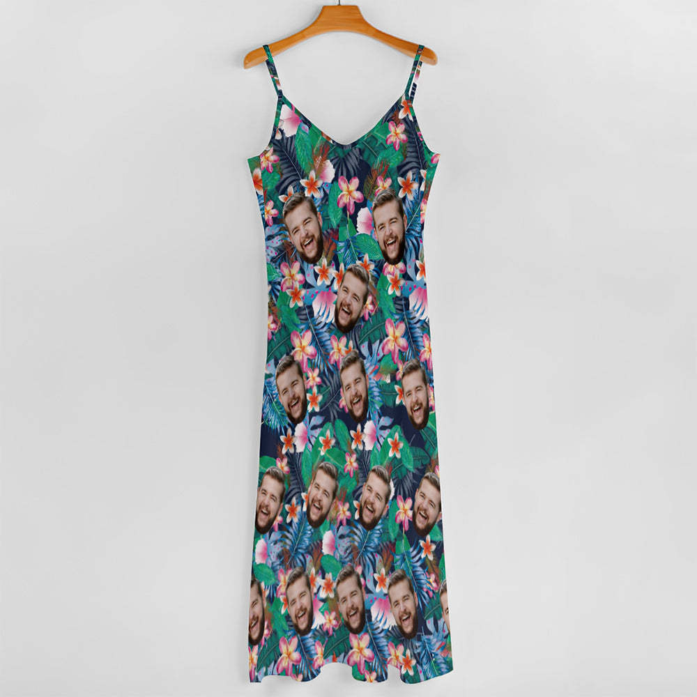 Custom Face Hawaiian Style Colorful Flowers Long Dress And Shirt Family Matching - FaceSocksUSA