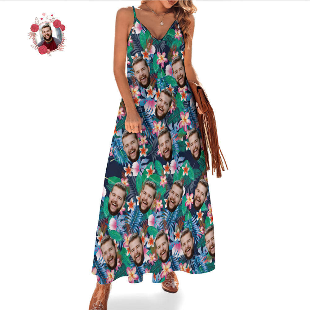 Custom Face Hawaiian Style Colorful Flowers Long Dress And Shirt Family Matching - FaceSocksUSA