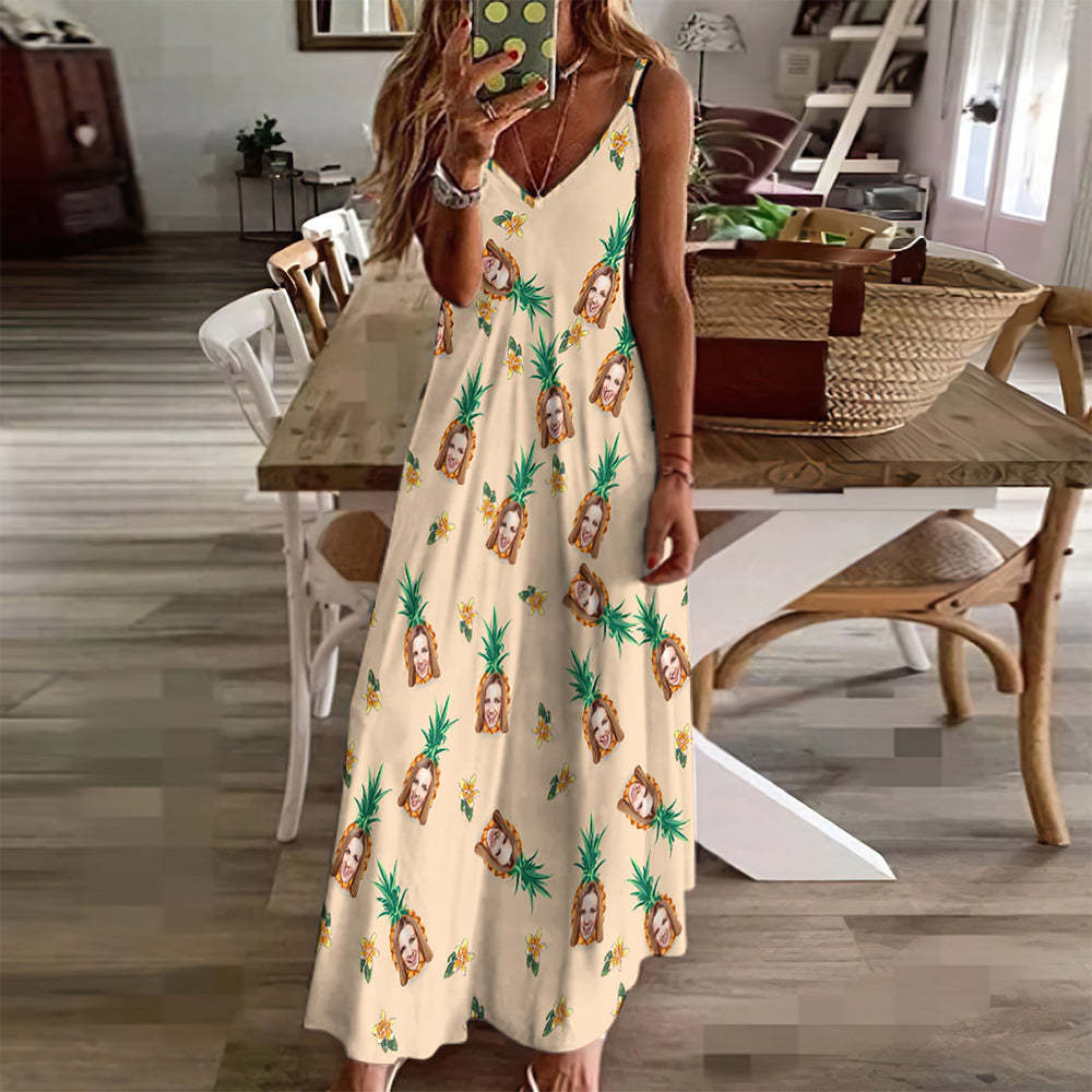 Custom Face Hawaiian Style Pineapple Pattern Tropical Floral Long Dress And Shirt Couple Outfit	 - FaceSocksUSA