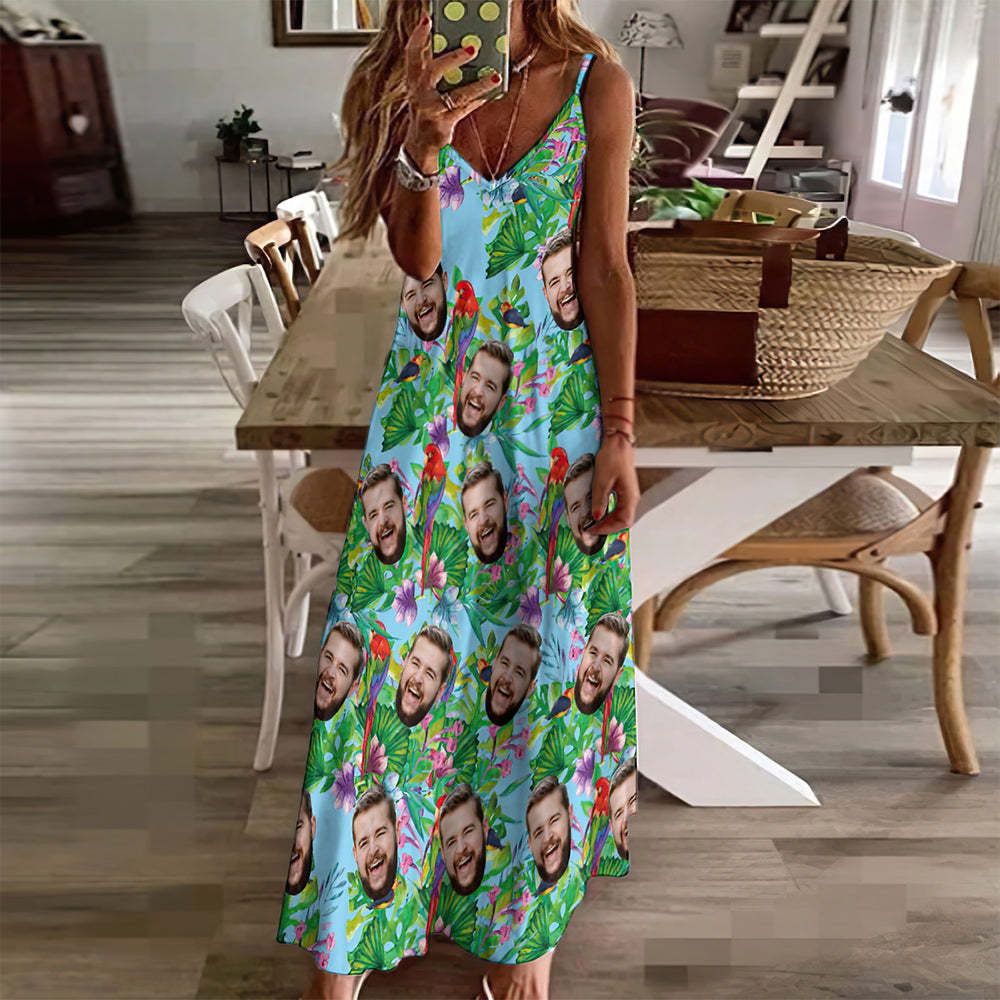 Custom Face Sling Hawaiian Style Long Dress Colorful Parrot - FaceSocksUSA