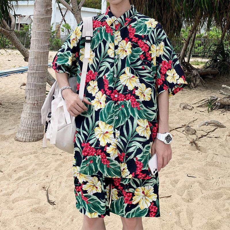 Hawaiian Shirts Print Leaves and Flowers On Black Background Aloha Beach Shirts For Men - FaceSocksUSA