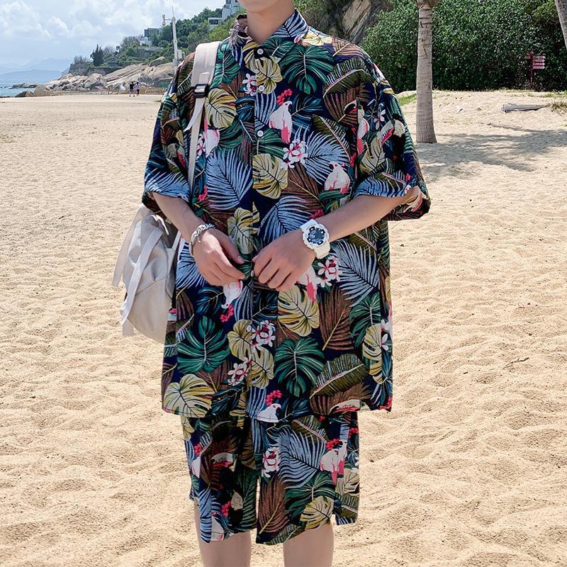 Hawaiian Shirts Print Leaves and Birds On Black Background Aloha Beach Shirts For Men - FaceSocksUSA