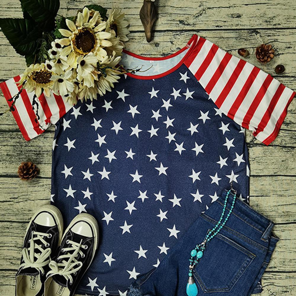 Women's Independence Day Striped Stitching Star Short Sleeve T-shirt-FaceSocksUSA
