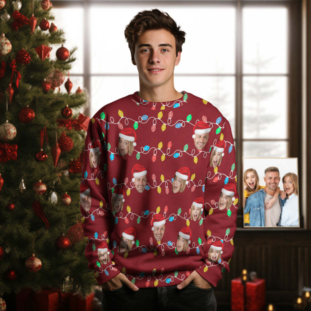 Custom Face Men's Round Neck Sweater Photo Christmas Family Xmas Leds Sweaters	 - FaceSocksUSA