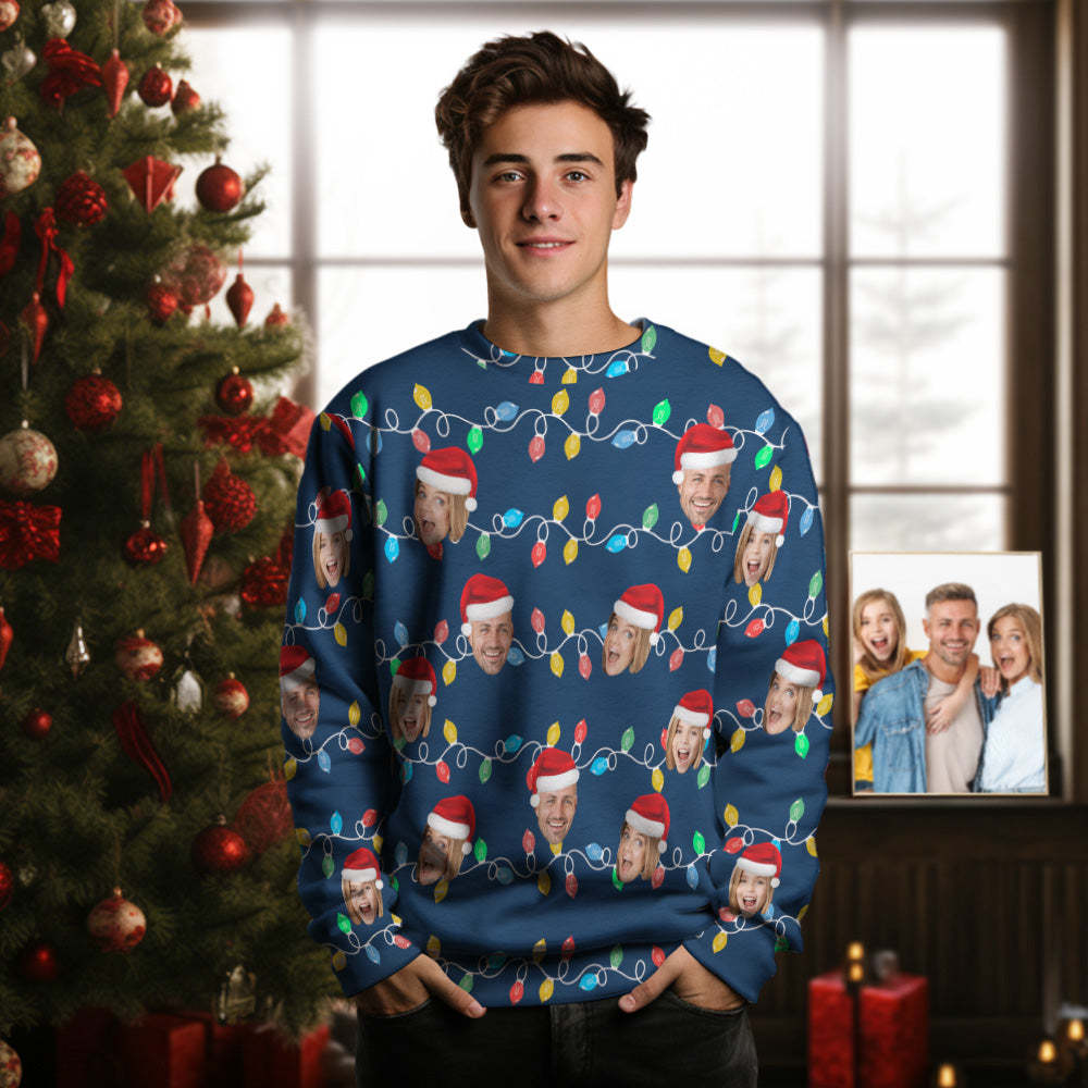 Custom Face Men's Round Neck Sweater Photo Christmas Family Xmas Leds Sweaters	 - FaceSocksUSA