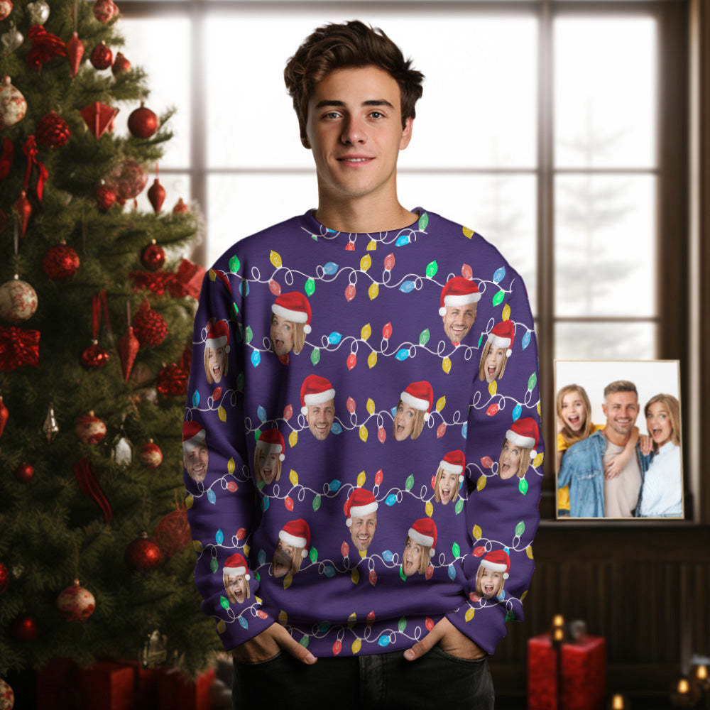 Custom Face Men's Round Neck Sweater Photo Christmas Family Xmas Leds Sweaters	 - FaceSocksUSA