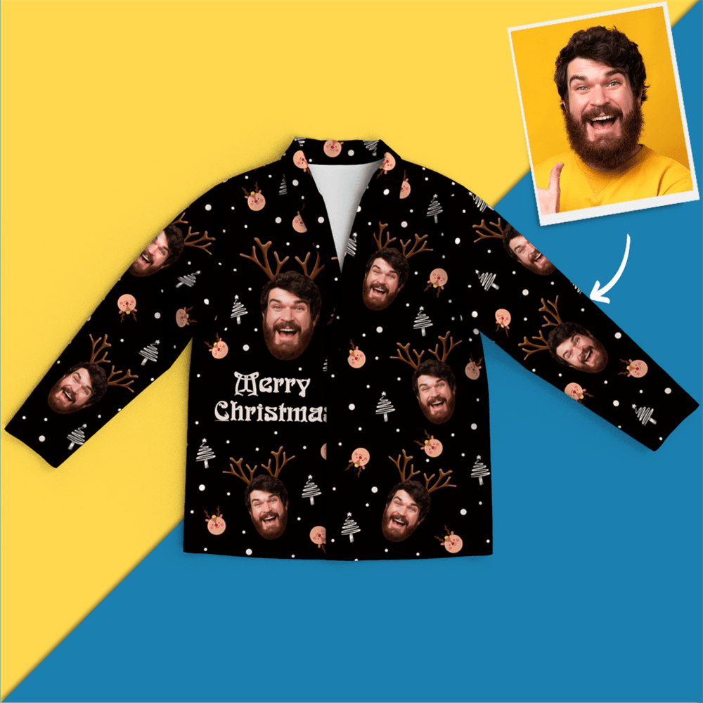 Christmas Antlers Custom Face Black And White Pajamas	 - FaceSocksUSA